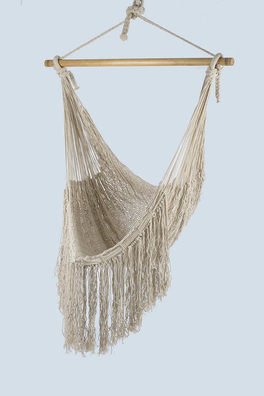 Fringed Cotton Rope Mexican Hammock Swing from Mexico in Ivory