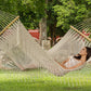 Mayan Legacy Queen Size Outdoor Cotton Mexican Resort Hammock With Fringe in Cream Colour