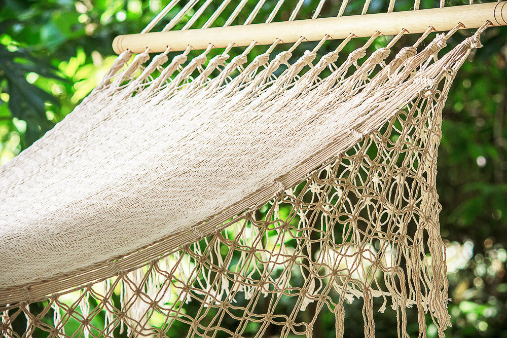 Mayan Legacy Queen Size Outdoor Cotton Mexican Resort Hammock With Fringe in Cream Colour