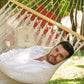 Mayan Legacy Queen Size Outdoor Cotton Mexican Resort Hammock With Fringe in Cream Colour