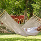 Mayan Legacy Queen Size Outdoor Cotton Mexican Resort Hammock With Fringe in Cream Colour