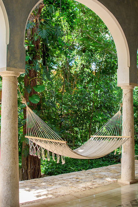 Mayan Legacy Queen Size Outdoor Cotton Mexican Resort Hammock With Fringe in Cream Colour