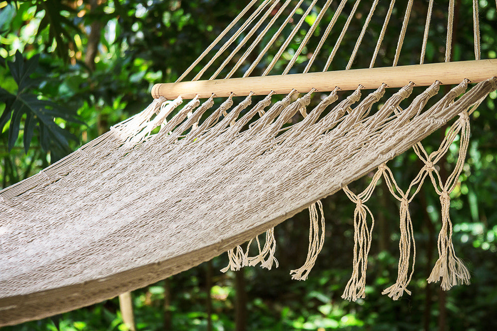 Mayan Legacy Queen Size Outdoor Cotton Mexican Resort Hammock With Fringe in Cream Colour