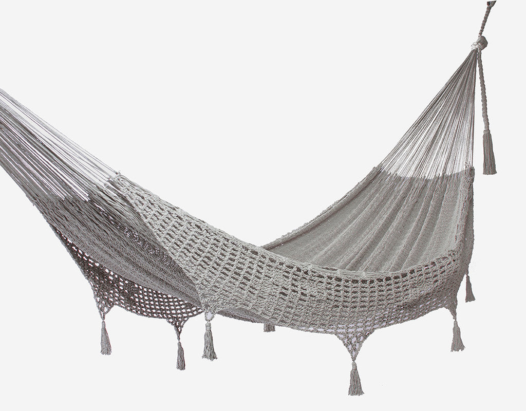 Outdoor undercover cotton Mayan Legacy hammock with hand crocheted tassels King Size Dream Sands