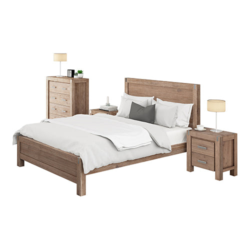 4 Pieces Bedroom Suite in Solid Wood Veneered Acacia Construction Timber Slat King Single Size Oak Colour Bed, Bedside Table & Tallboy