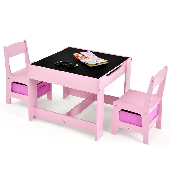 EKKIO 3PCS Kids Table with Lego Baseplate and Chairs Set with Black Chalkboard (Pink)