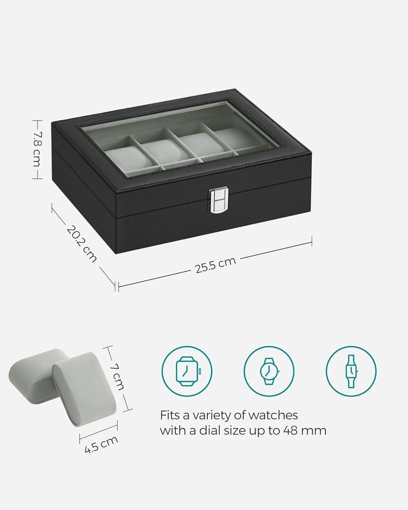 SONGMICS Watch Box for 10 Watches with Glass Lid and Removable Watch Pillows Black Synthetic Leather Grey Lining