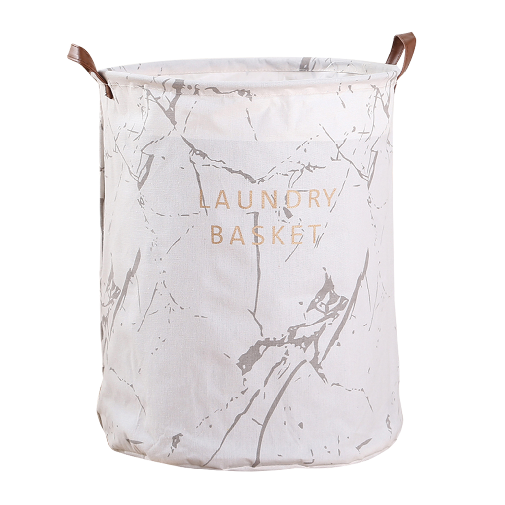 GOMINIMO Laundry Basket Round Foldable (White Grey Marble)