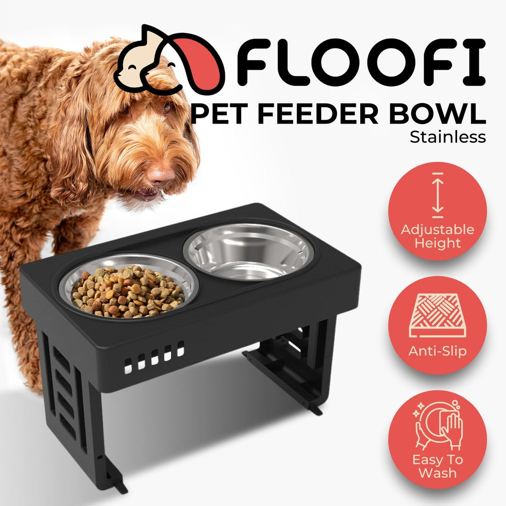 FLOOFI Elevated Raised Pet Feeder with Double Bowl (Black)