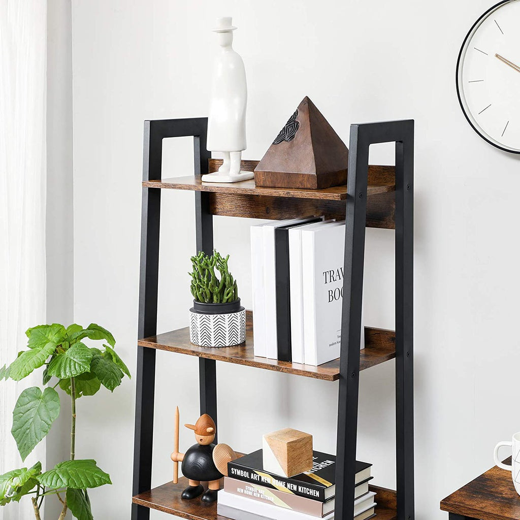 VASAGLE Ladder Shelf 4-Tier Home Office Bookshelf Metal Frame Industrial Rustic Brown and Black