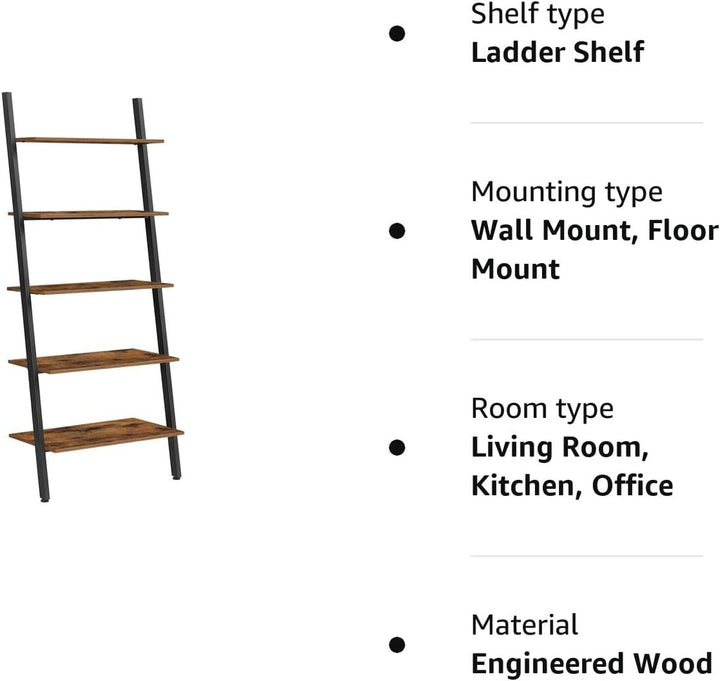 VASAGLE Industrial Ladder Shelf 5-Tier Bookshelf Rack Wall Shelf for Living Room Kitchen Office Stable Steel Leaning Against the Wall Rustic Brown and Black