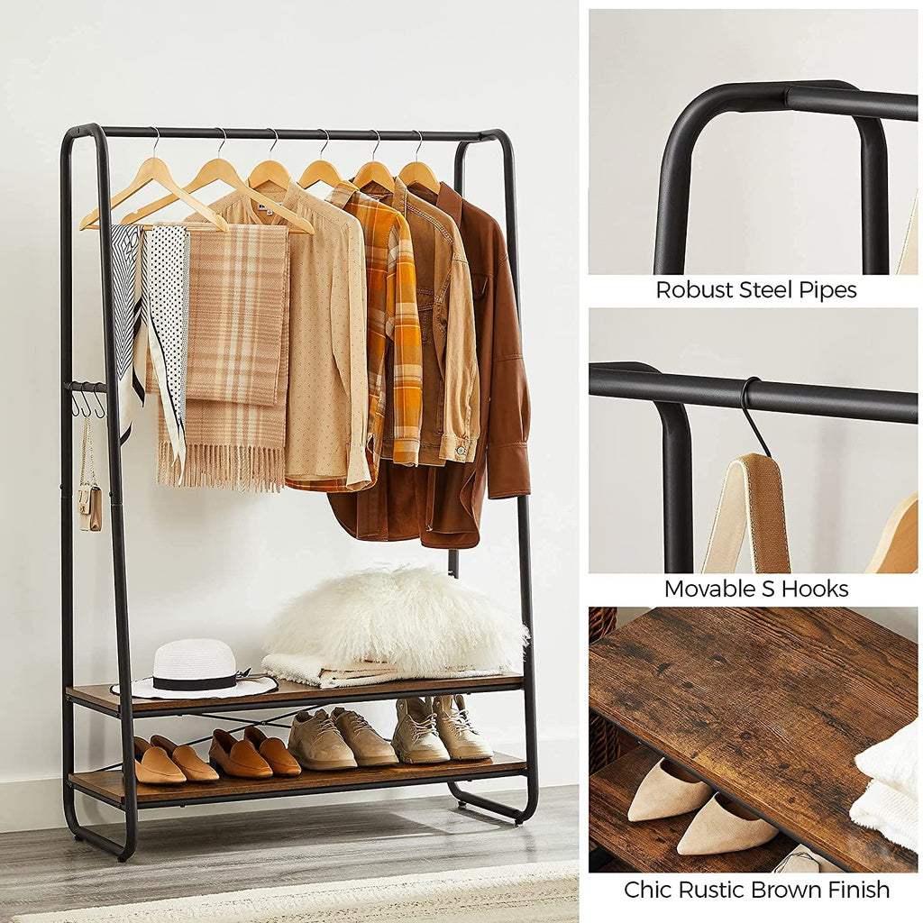 VASAGLE Clothes Rack with 2 Shelves Rustic Brown and Black