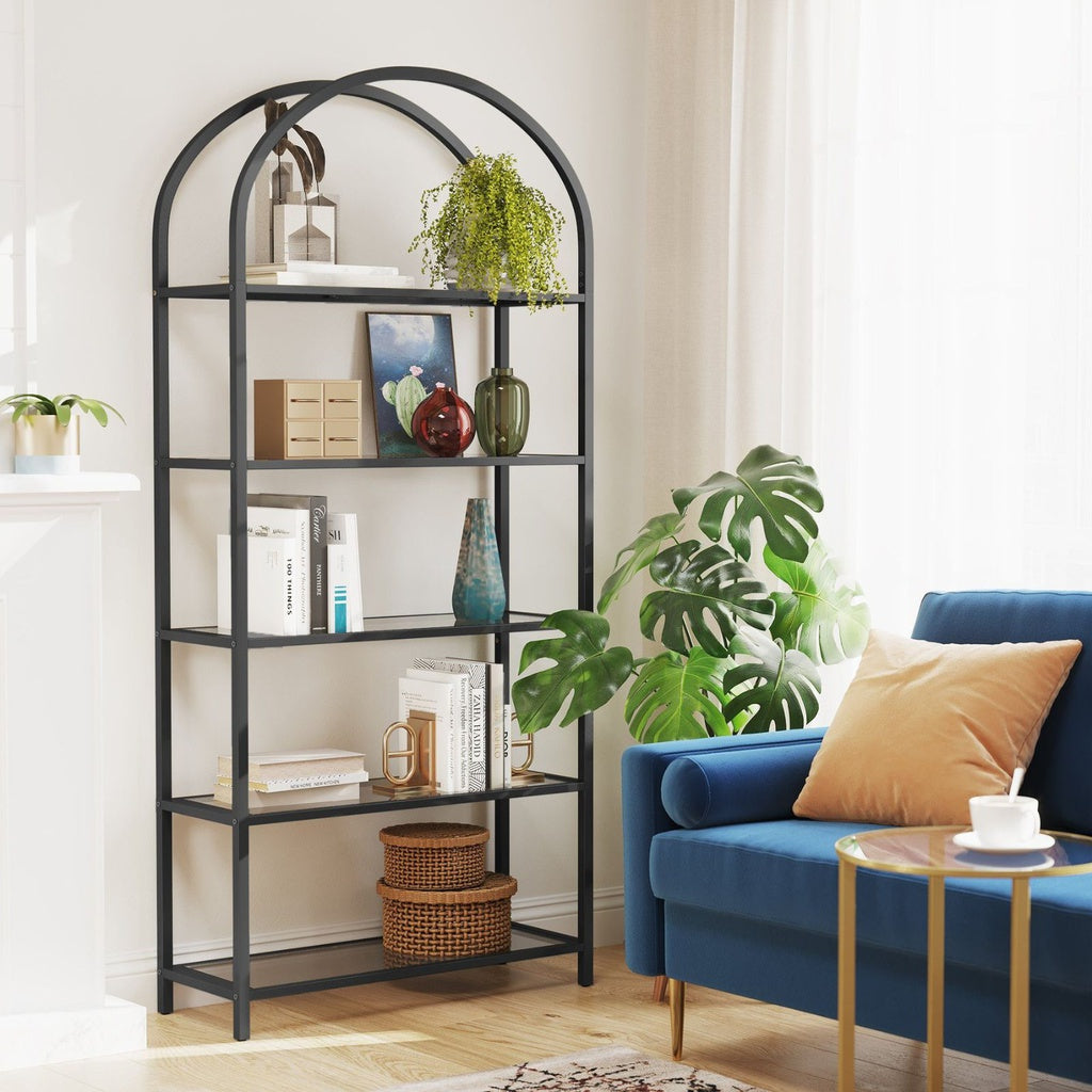 VASAGLE Bookshelf 5 Tier Tempered Glass with Metal Frame Black