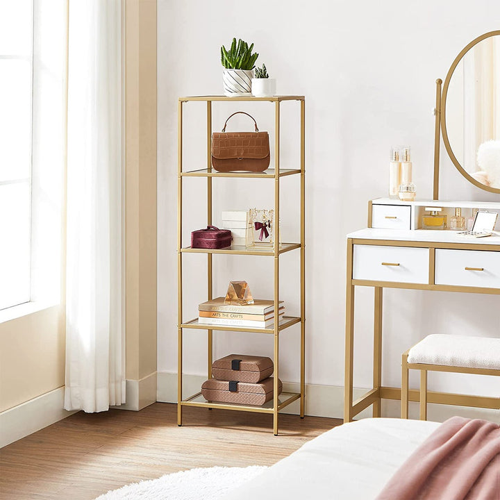 VASAGLE Storage Shelf 4-Tier Tempered Glass Gold