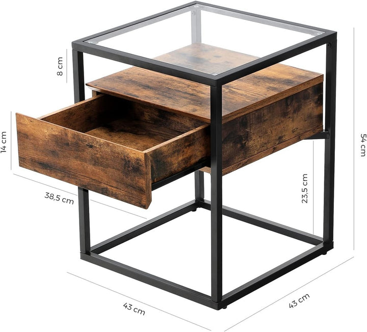 VASAGLE Side Table Tempered Glass End Table with Drawer and Shelf Rustic Brown and Black