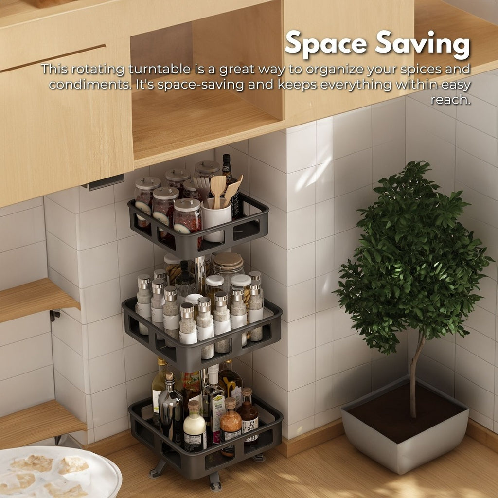 GOMINIMO 3 Tier Rotating Spice Rack Square Shape (Black)