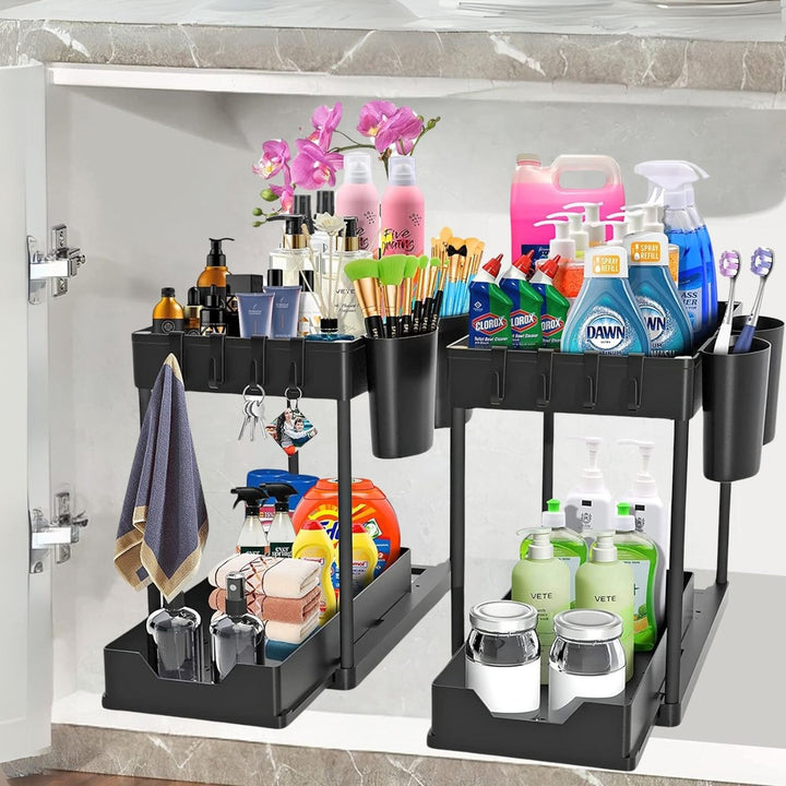 GOMINIMO 2 Packs 2-Tier Under Sink Organizer Shelf with 8 Hanging Hooks and 2 Cup Holders (Black)