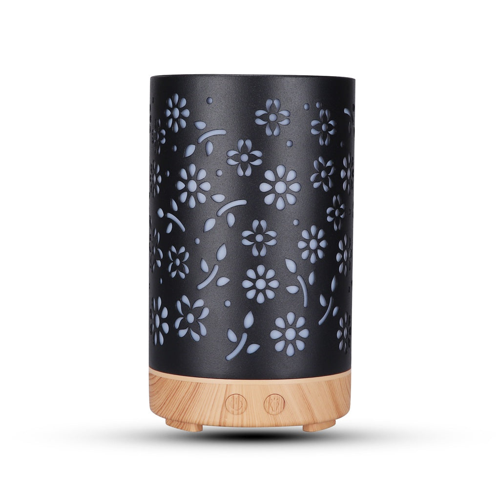 GOMINIMO LED Aromatherapy Essential Oil Diffuser 100ml Metal Cover Floral Design with Light Wood Base