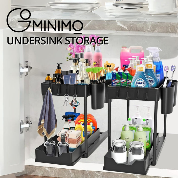 GOMINIMO 2 Packs 2-Tier Under Sink Organizer Shelf with 8 Hanging Hooks and 2 Cup Holders (Black)