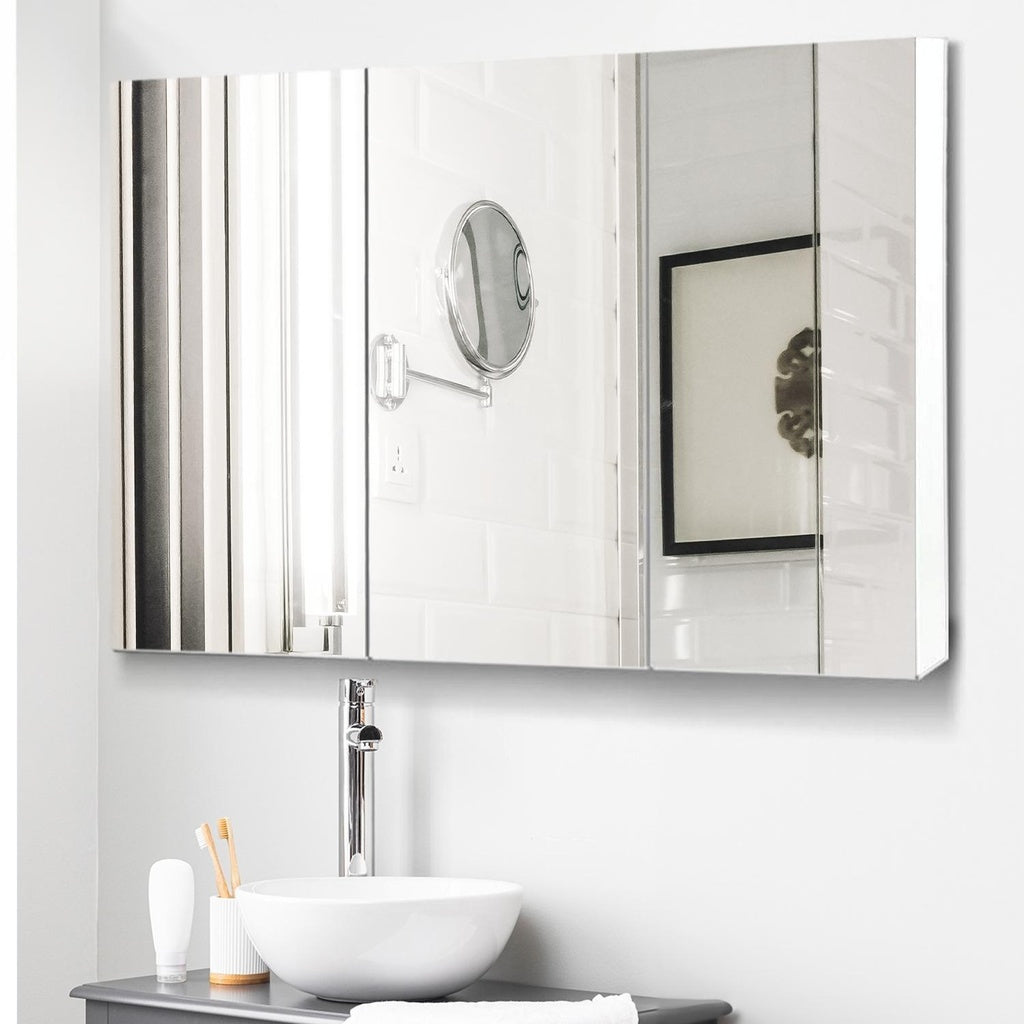 EKKIO Bathroom Vanity Mirror with Triple Door Storage Cabinet (White)