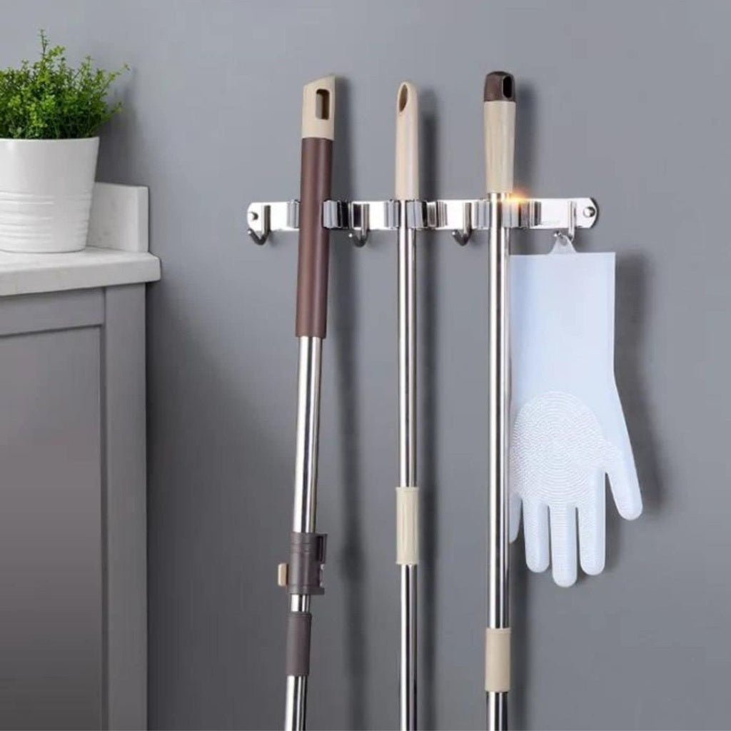 GOMINIMO Stainless Steel Broom Mop Holder Wall Mount with 3 Racks 4 Hooks (Grey)