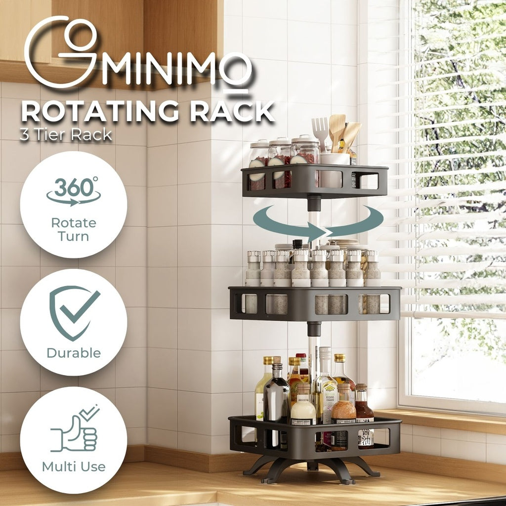 GOMINIMO 3 Tier Rotating Spice Rack Square Shape (Black)