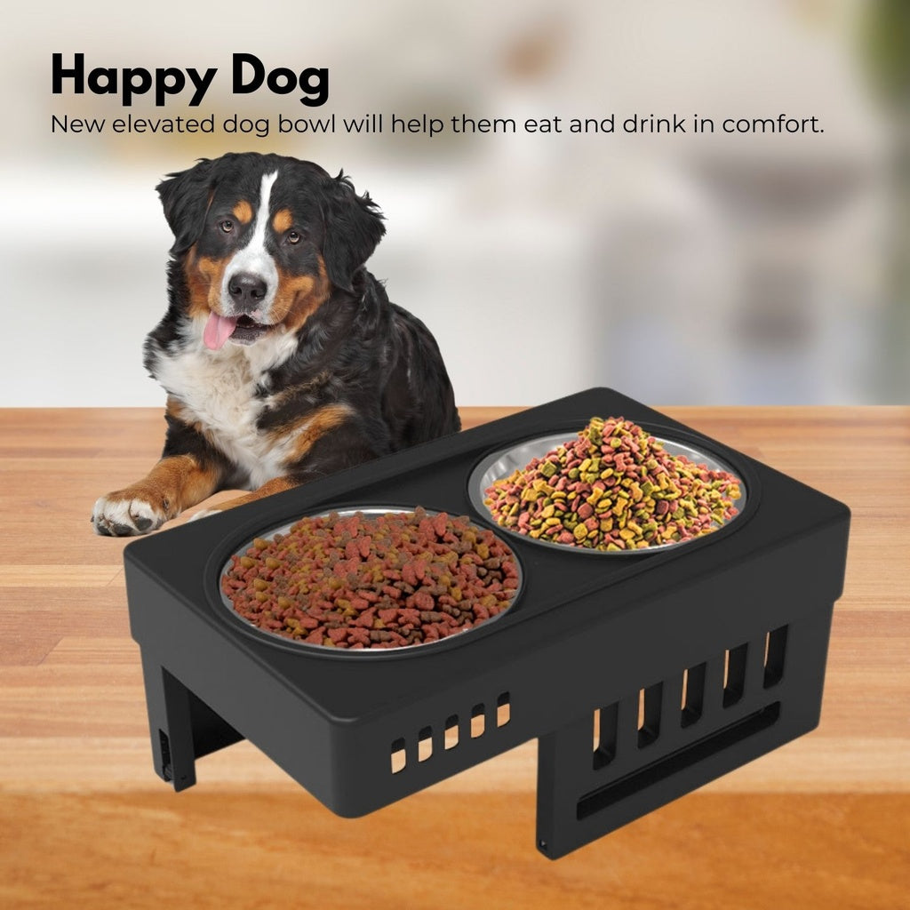 FLOOFI Elevated Raised Pet Feeder with Double Bowl (Black)