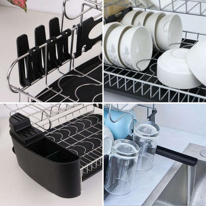 GOMINIMO 2-Tier Dish Drying Rack with Draining Board and Cup Holder