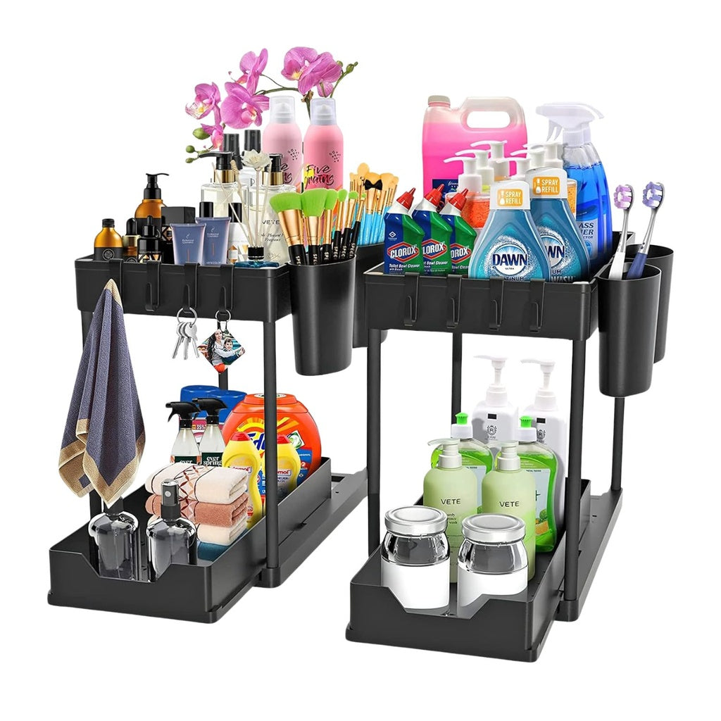 GOMINIMO 2 Packs 2-Tier Under Sink Organizer Shelf with 8 Hanging Hooks and 2 Cup Holders (Black)