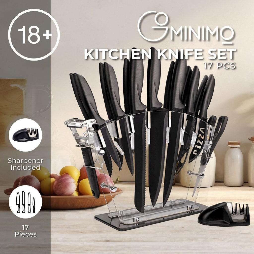 GOMINIMO 17 Piece Kitchen Knife Set with Acrylic Knife Block (Black and Transparent)