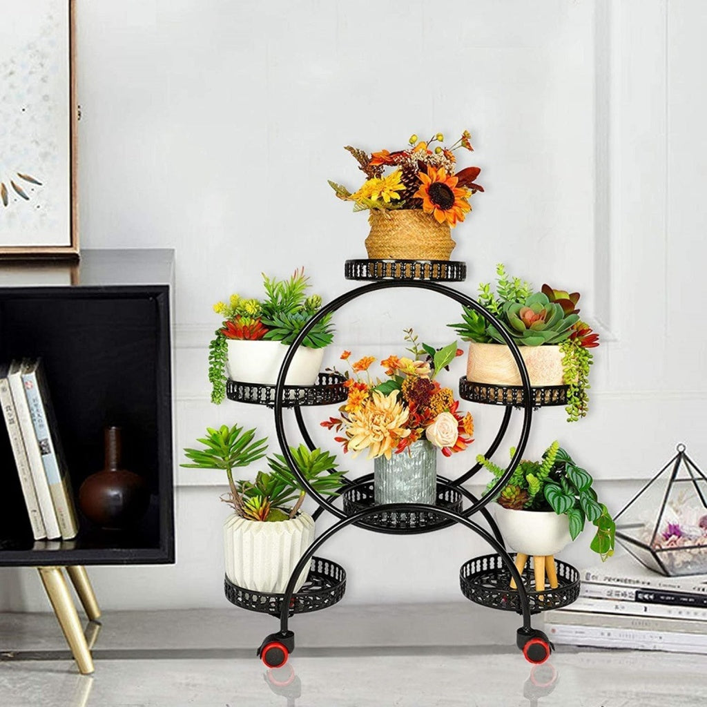 NOVEDEN 4 Layer 6 Pots Flower Holder Plant Stand Shelf with 4-Wheel (Black)