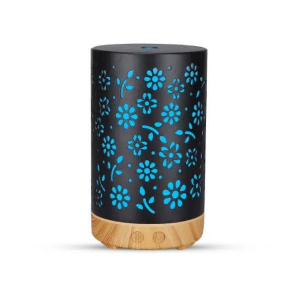 GOMINIMO LED Aromatherapy Essential Oil Diffuser 100ml Metal Cover Floral Design with Light Wood Base