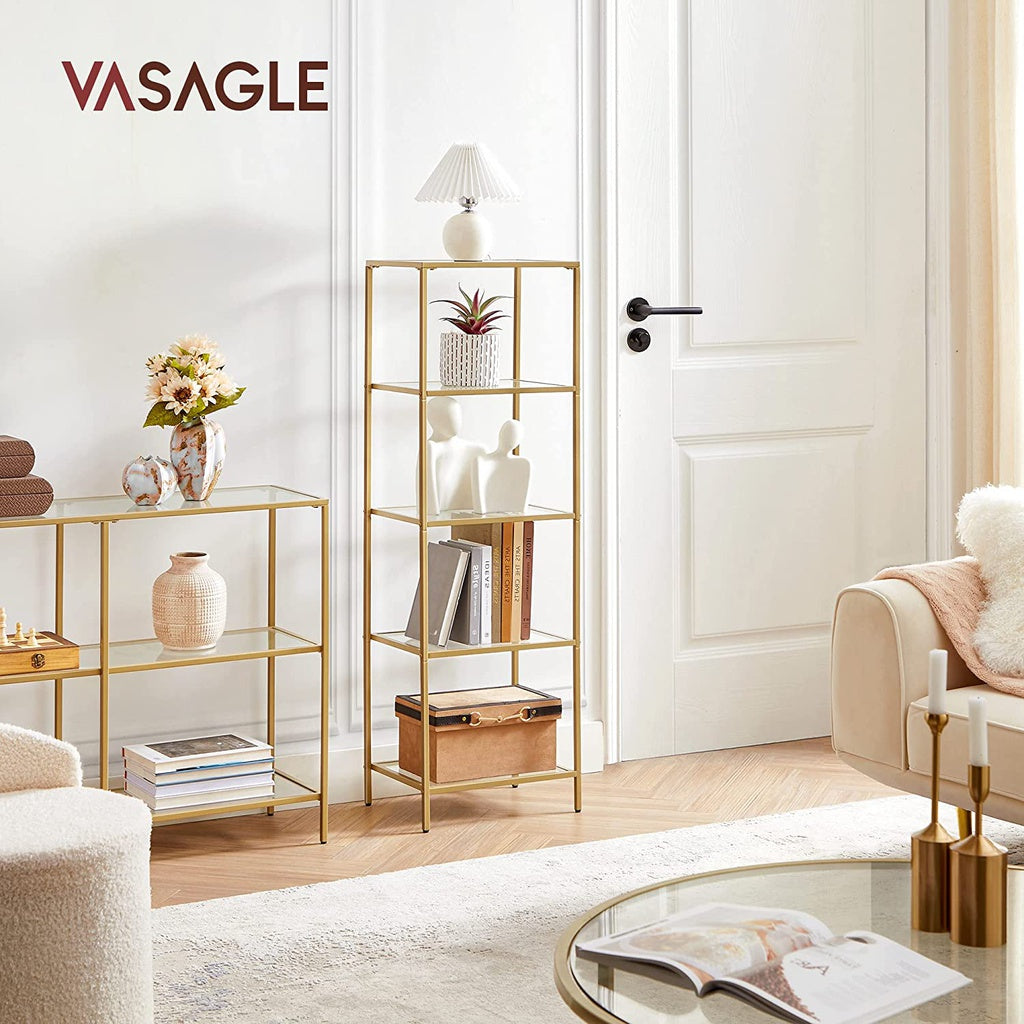 VASAGLE Storage Shelf 4-Tier Tempered Glass Gold