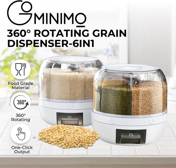 GOMINIMO 6 in 1 Rotating 360? Grain Dispenser with Lid (White)