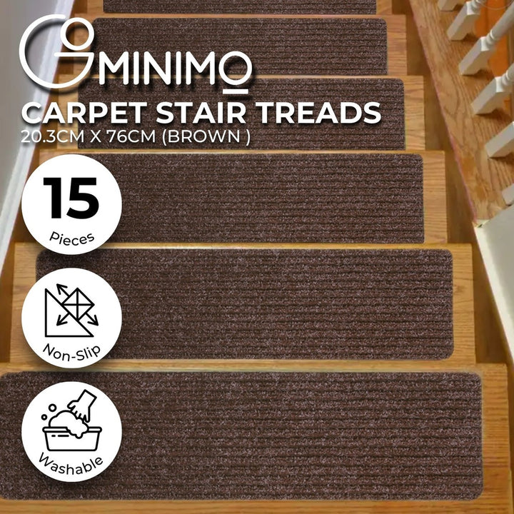 GOMINIMO Set of 15 Non Slip Carpet Stair Tread 20.3 x76cm (Brown)