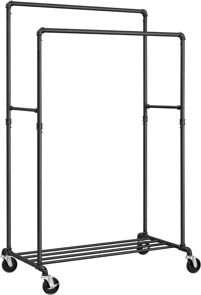 SONGMICS Industrial Pipe Clothes Rack on Wheels with Hanging Rack Organizer Black