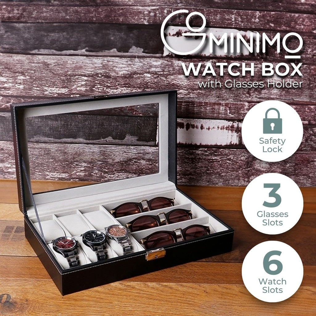 GOMINIMO 6-Slot Watch Box with 3-Slot Eyeglasses PU Leather Display Case (Black)