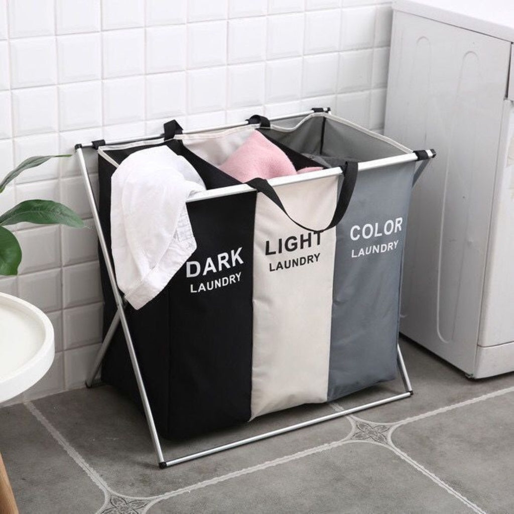 GOMINIMO 135L Foldable Laundry Cloth Hamper with 3 Sections (White+Grey+Black)