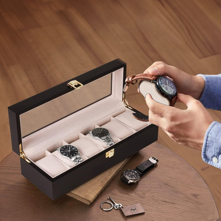 GOMINIMO 6 Slot Watch Display Box Black Wood