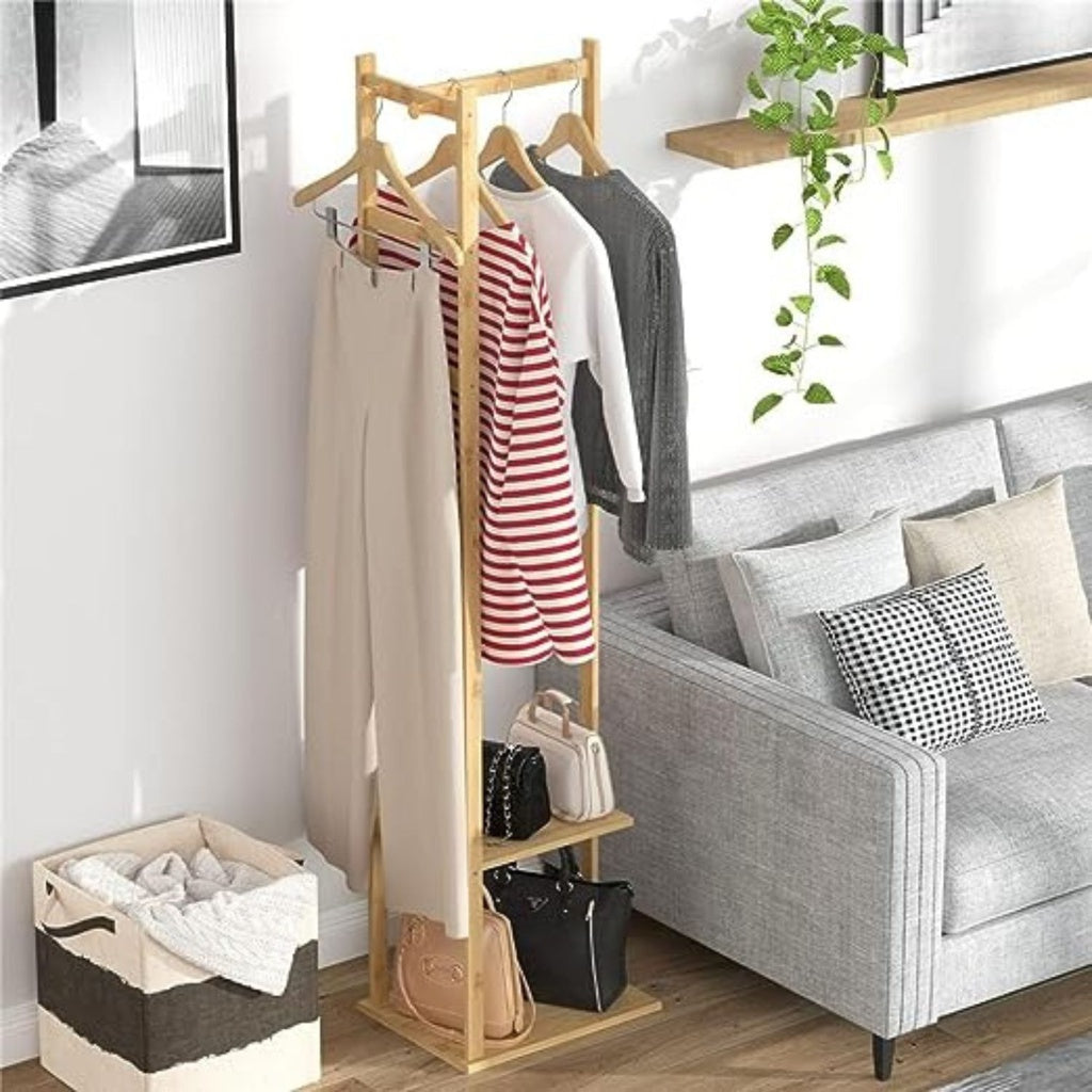 EKKIO Bamboo Clothing Rack with 3 Hanger Hooks (Natural Wood)