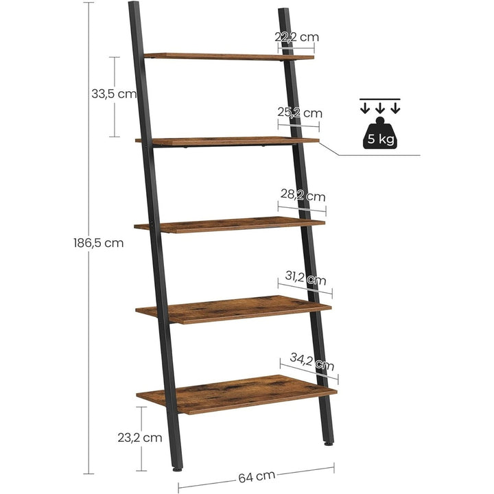 VASAGLE Industrial Ladder Shelf 5-Tier Bookshelf Rack Wall Shelf for Living Room Kitchen Office Stable Steel Leaning Against the Wall Rustic Brown and Black