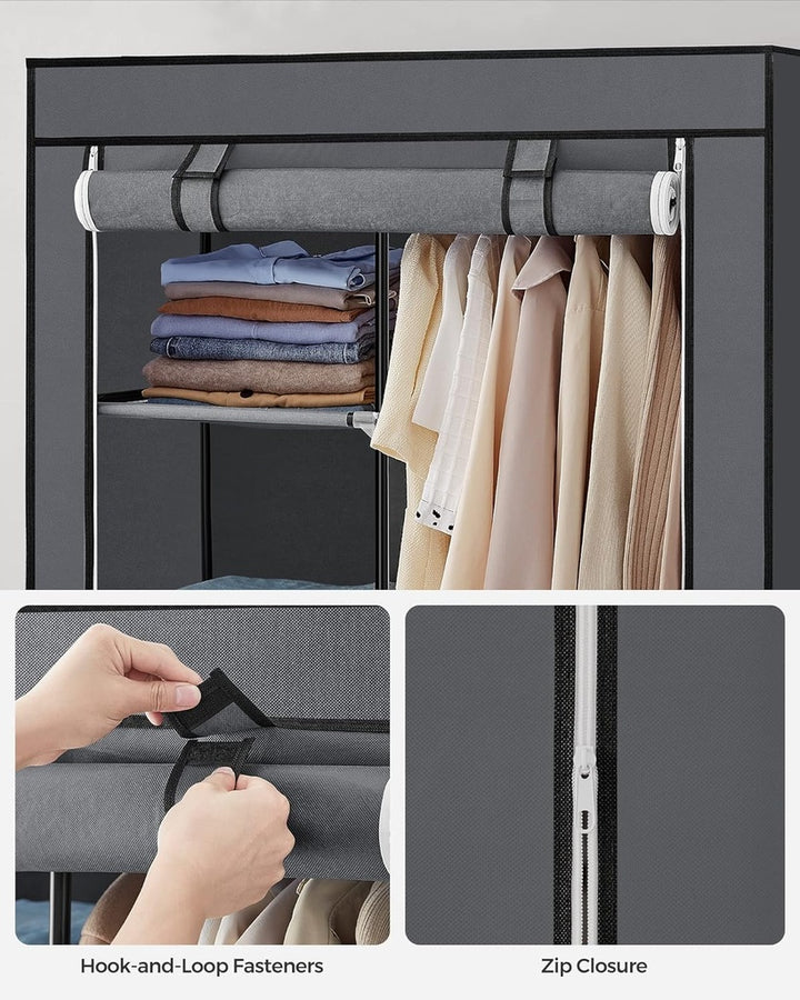 SONGMICS Portable Clothes Storage with 6 Shelves and 1 Clothes Hanging Rail Grey