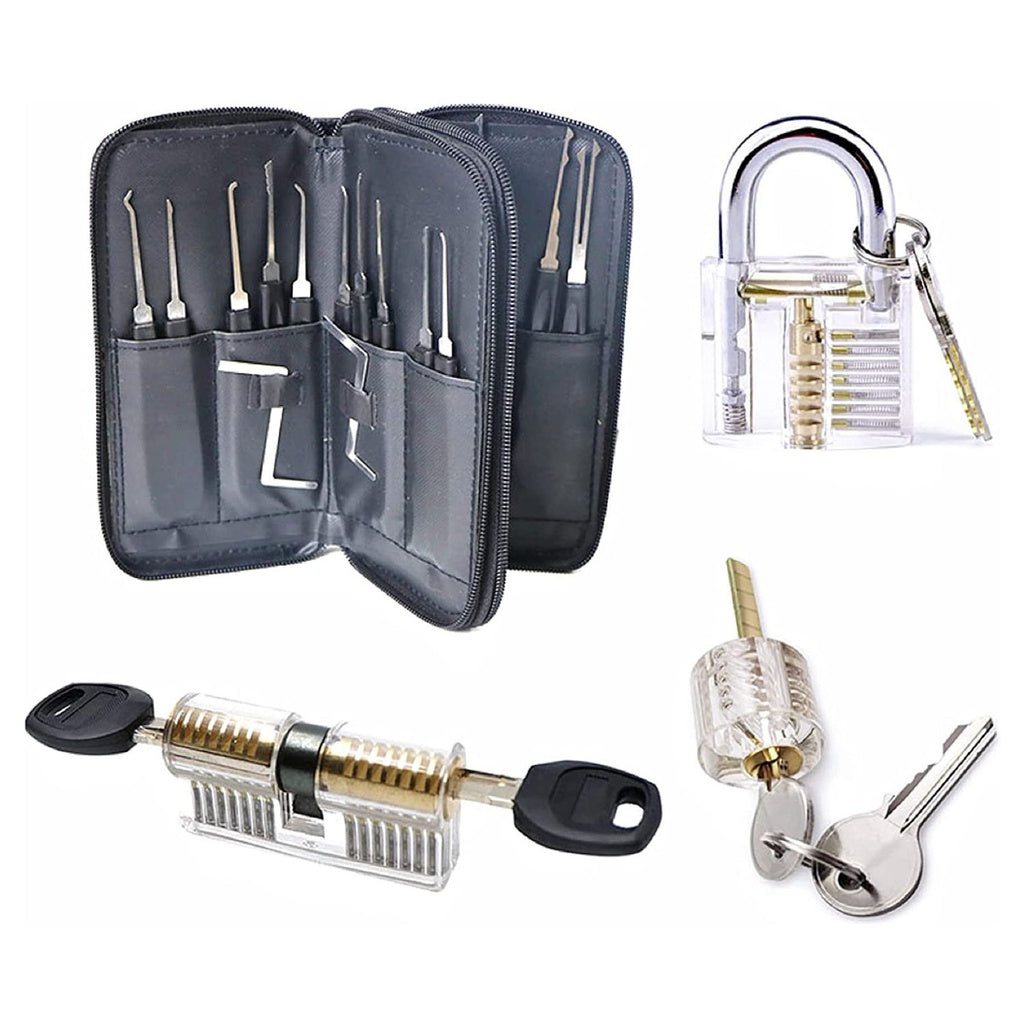 GOMINIMO 34 Pcs Lock Picking Kit with 3 Transparent Practice Training Padlocks 6 Keys and a Carrying Bag (Black)