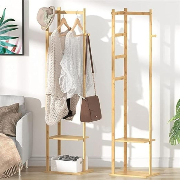 EKKIO Bamboo Clothing Rack with 3 Hanger Hooks (Natural Wood)