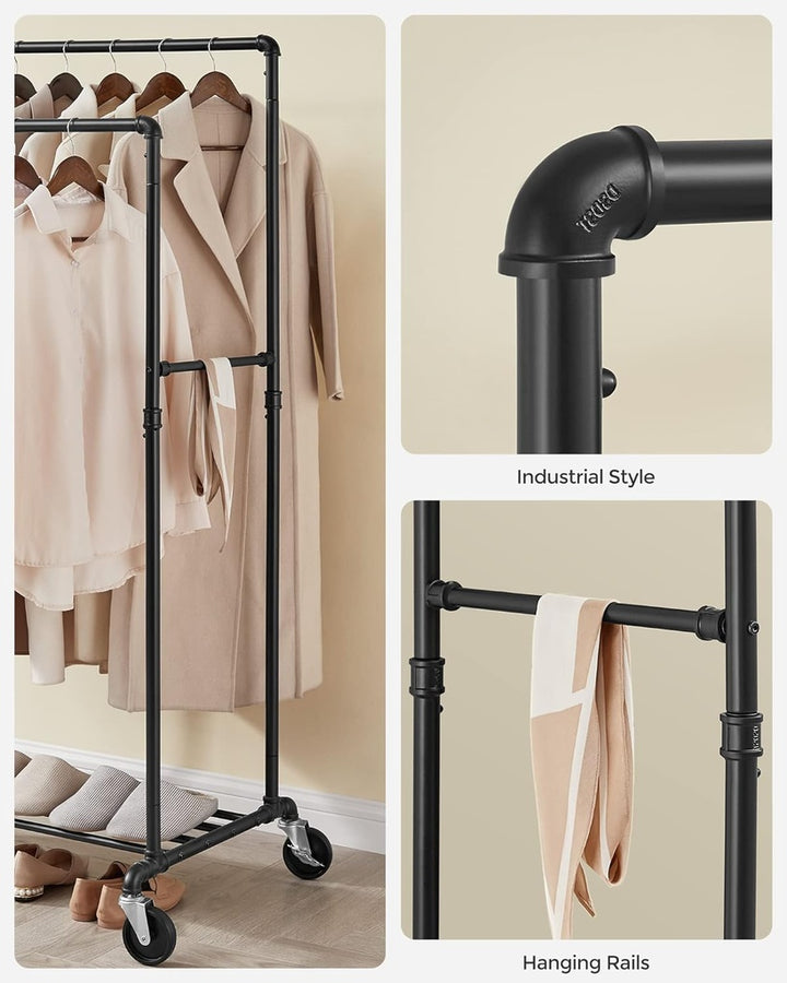 SONGMICS Industrial Pipe Clothes Rack on Wheels with Hanging Rack Organizer Black