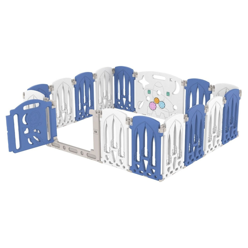 GOMINIMO Foldable Baby Playpen with 16 Panels (White Blue)