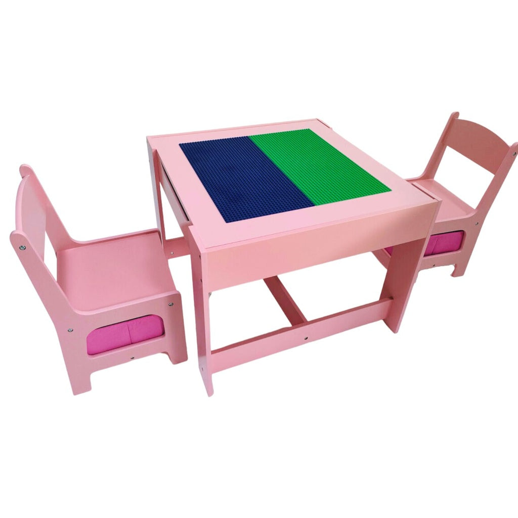 EKKIO 3PCS Kids Table with Lego Baseplate and Chairs Set with Black Chalkboard (Pink)