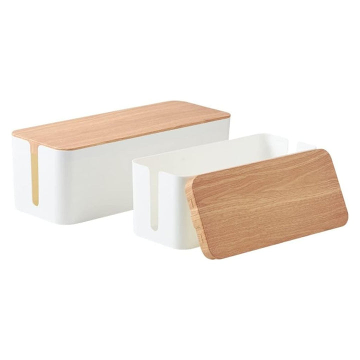 GOMINIMO Set of Two Cable Management Box with Wood Pattern Lid (White)