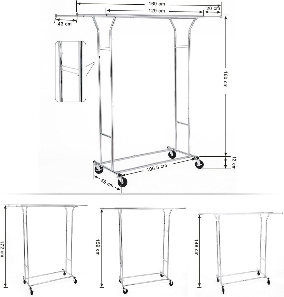 SONGMICS Metal Clothes Rack Stand on Wheels Heavy Duty Silver