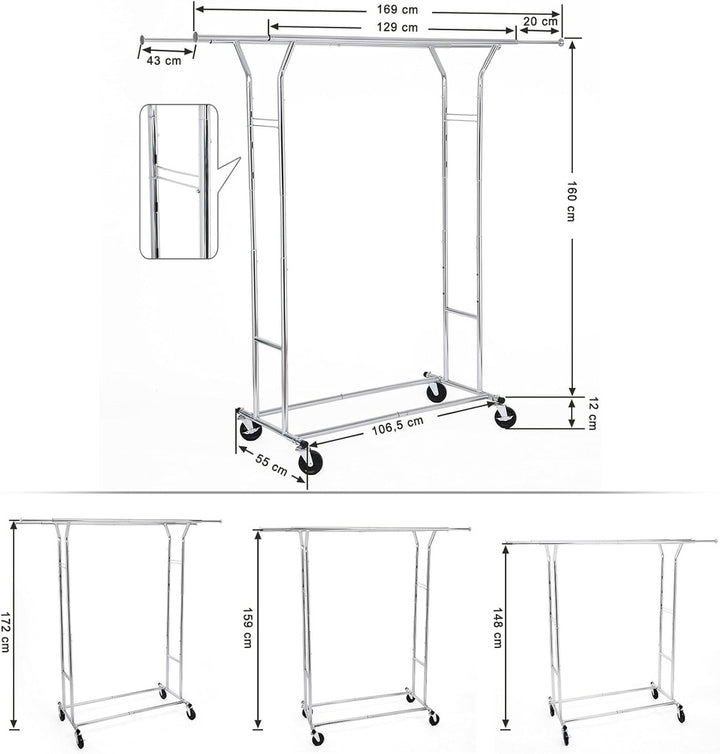 SONGMICS Metal Clothes Rack Stand on Wheels Heavy Duty Silver